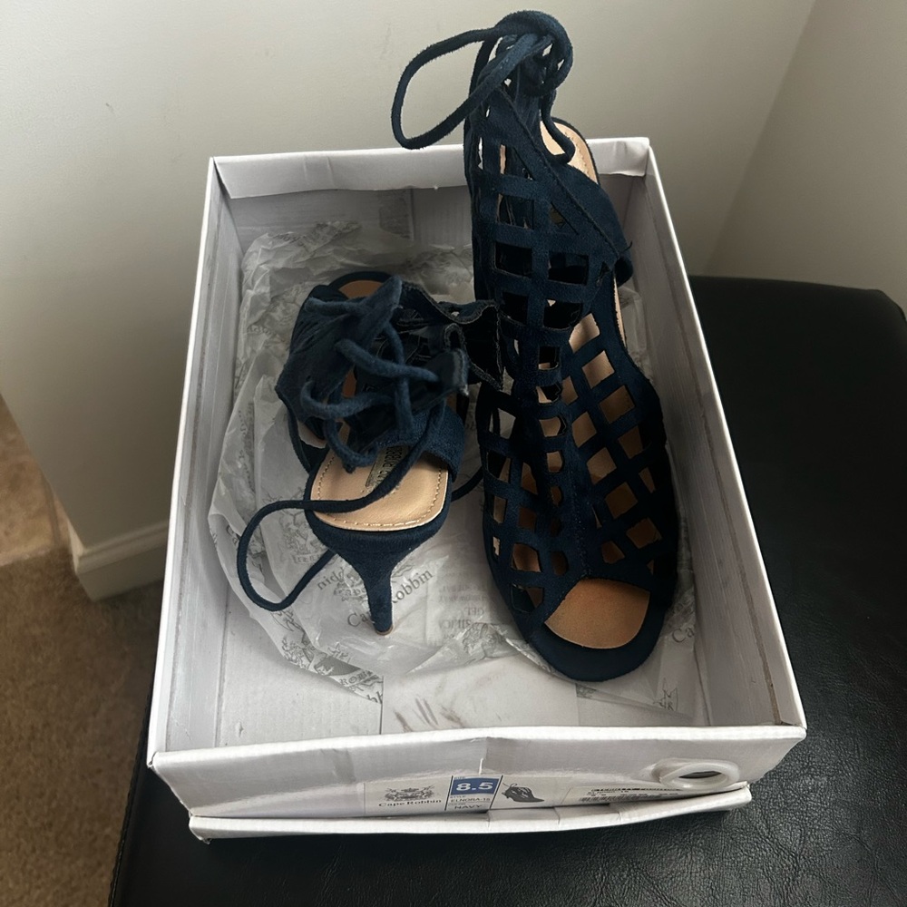 Navy blue suede high heeled sandal size 8.5